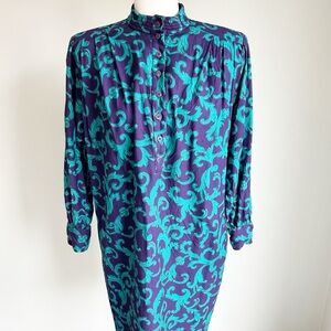 VTG California Design by Dorothy Samuel Blue Floral Modest Long Sleeve Dress XL